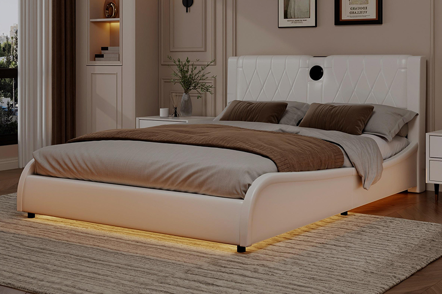 N8 เตียงแพลตฟอร์มปรับได้ เตียงนุ่มสีขาวทันสมัย ​​LED โครงเตียงหุ้มเบาะ