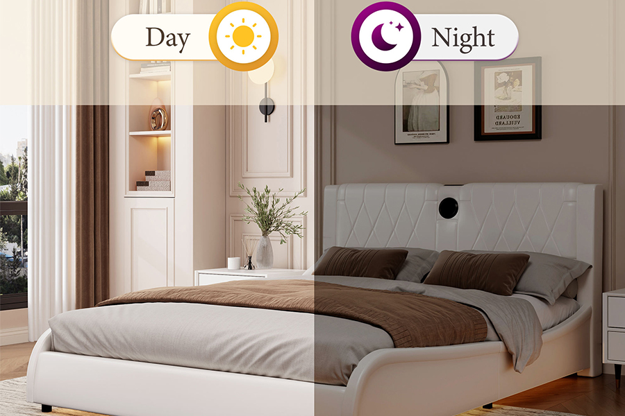 N8 เตียงแพลตฟอร์มปรับได้ เตียงนุ่มสีขาวทันสมัย ​​LED โครงเตียงหุ้มเบาะ