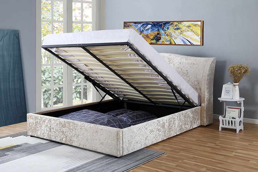1320G แชมเปญกำมะหยี่ Oyster-Finish Ottoman หุ้มโครงเตียงเก็บของ