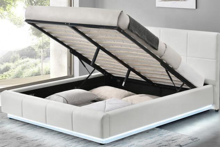 1239-1G หนังเทียมสีขาวออตโตมัน LED โครงเตียงหุ้มเบาะคู่