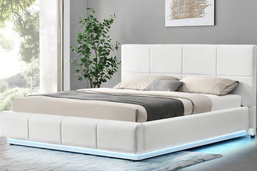 1239-1G หนังเทียมสีขาวออตโตมัน LED โครงเตียงหุ้มเบาะคู่